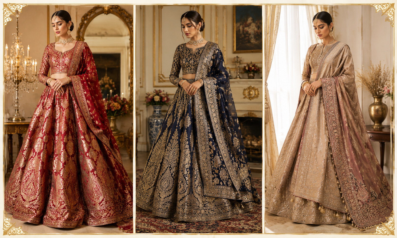 Banarsi silk heritage weave bridal lehenga for rent Pakistan