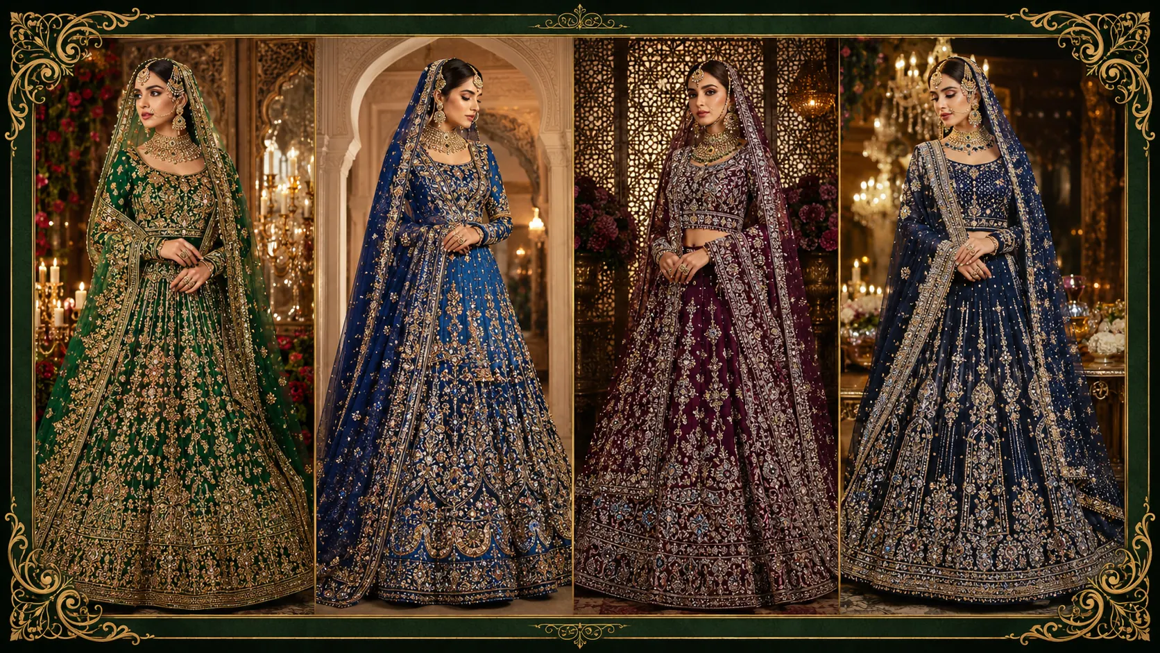 Emerald and jewel tone bridal lehengas for rent in Pakistan